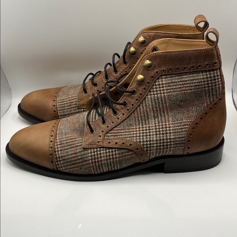 Brand New HOCKERTY Brogue Dress Boots in Brown Tweed & Waxed Leather Size 42